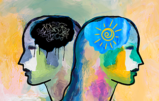 Illustration av två ansikten i profil. Det ena med en svart trasslig hjärna och den andra med en sol mot blå himmel som hjärna. 