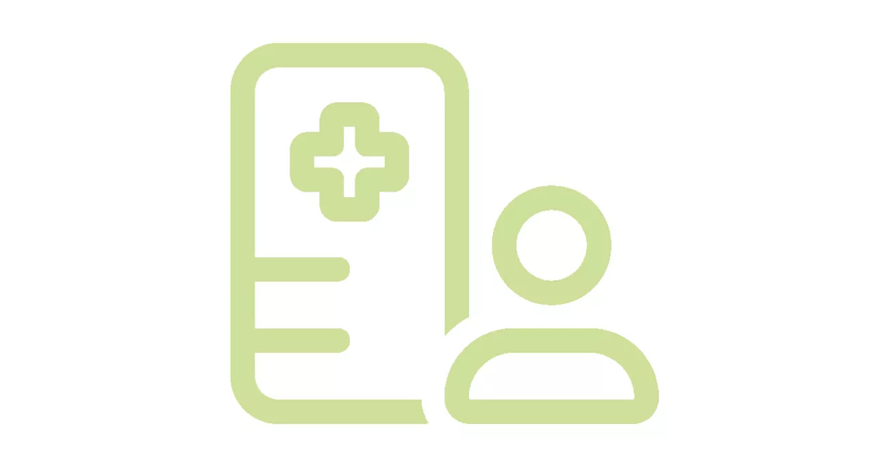 Symbol för sjukhus till vänster och symbol för en person  till höger. Båda i ljusgrön färg.