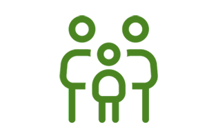 Illustrerad familj med två vuxna och ett barn. 