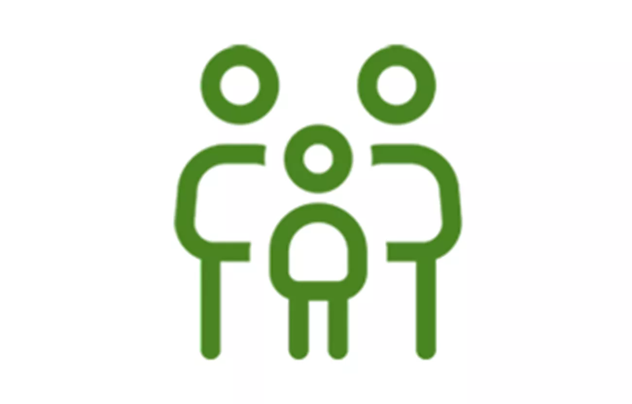 Illustrerad familj med två vuxna och ett barn.